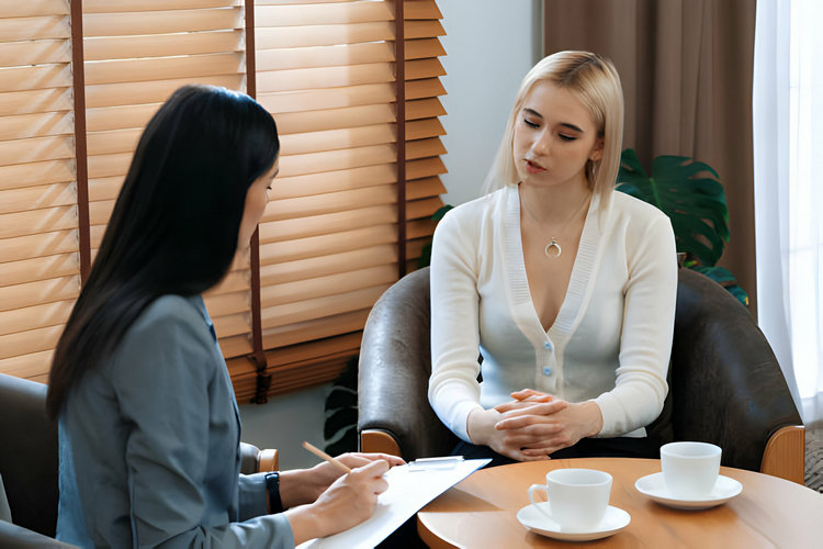 Dedicated therapist at Hebert Counseling offering personalized care to a client in Plano, TX, Client and counselor reviewing relapse prevention steps during a private addiction session