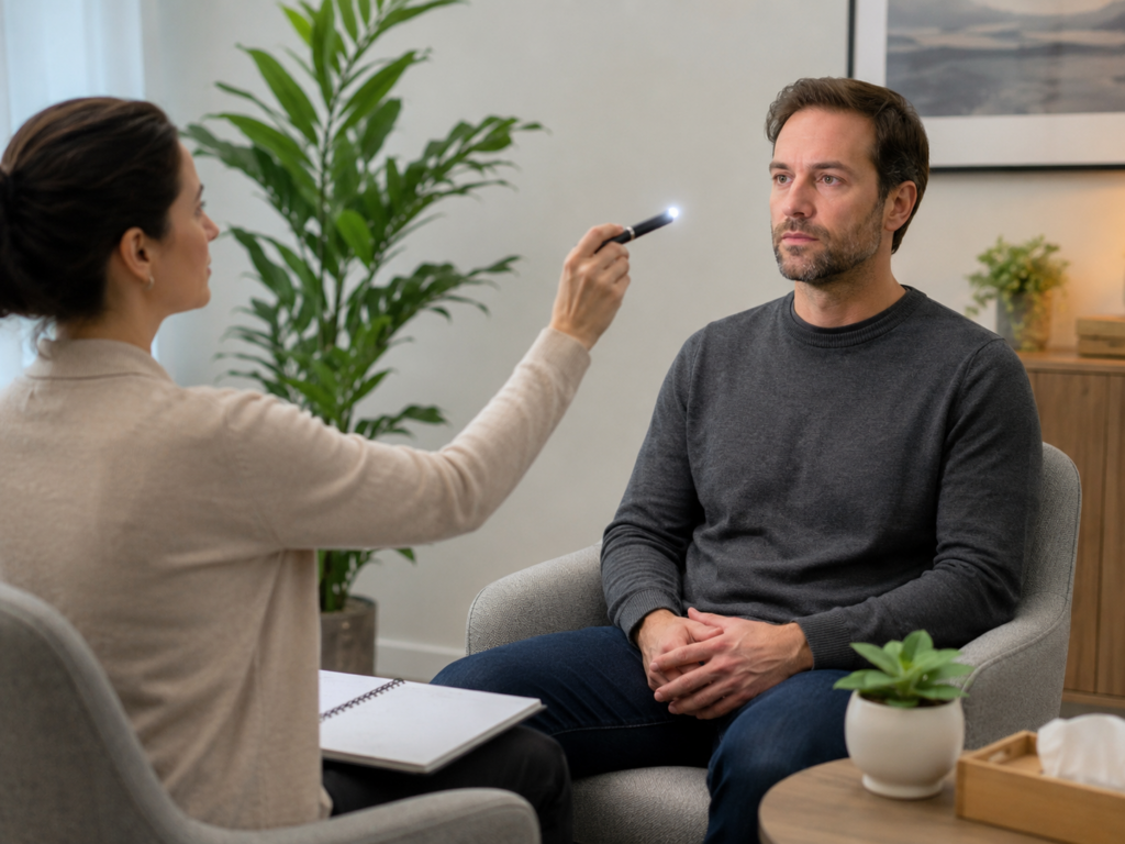 Therapist carefully guiding trauma processing session with calm, methodical clinical approach