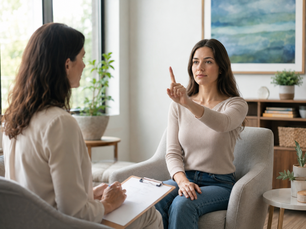 Adult client in counseling session processing trauma with guided bilateral stimulation support